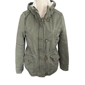 Sebby Juniors Medium Jacket Olive Green Full Zip Hood Faux Fur Pockets Utility